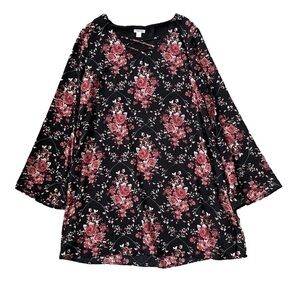 XHILARATION Black and Dusty Rose Floral Bell Sleeve Dress